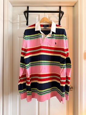 Polo Ralph Lauren Pink/Blue Multicolor Stripe Long Sleeve Rugby Shirt XL